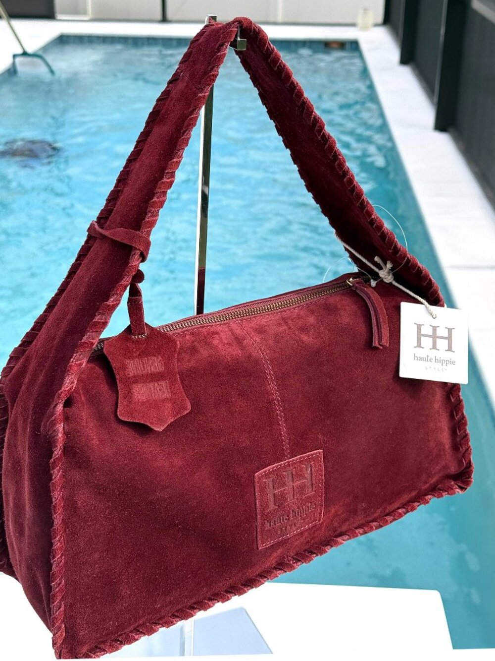 NWT Haute Hippie Burgundy Suede Hobo Shoulder Bag | Boho | Whipstitch Strap |